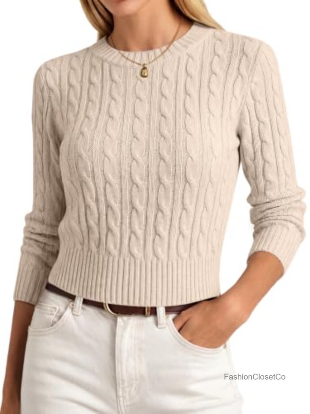 Womens Cable Knit Cropped Pullover Sweater Slim Fit Long Sleeve